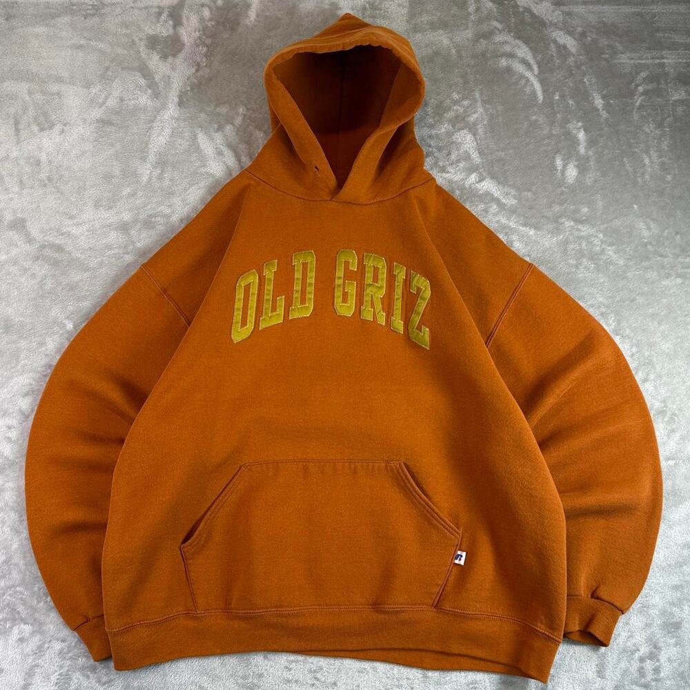 Russell Athletic Orange Hoodie with Yellow 'OLD GRIZ' Chest Print